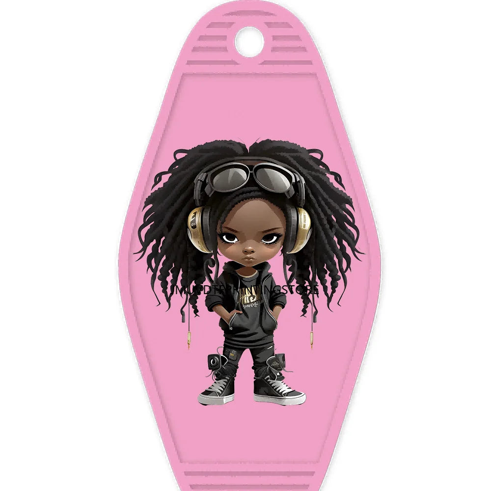 Cool Dreadlock Afro Girl High Quality WaterProof UV DTF Sticker For Motel Hotel Keychain Black Hip Hop Kids