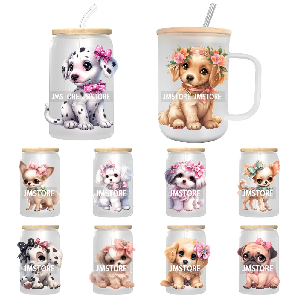 Cute Puppy Coquette Bow Baby Dog UV DTF Transfer Stickers Decals Ready To Apply Waterproof For 16OZ Libbey Glass Can Cup Tumbler