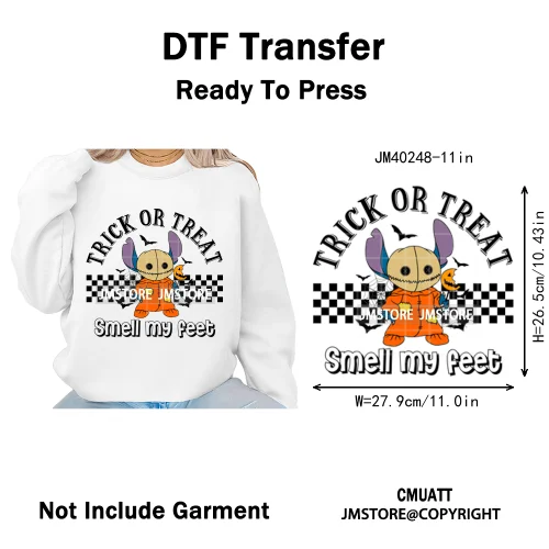 Checkered Trick Or Treat Scary Killer Character Halloween Vibes Iron on DTF Washable Transfer Sticker Ready to Press for Hoodies