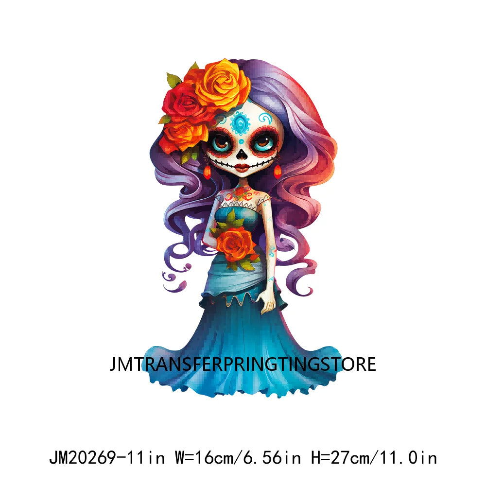 Cute Doll La Catrina Day Of The Dead Sugar Skull Mexican Halloween Iron On DTF Transfer Stickers Ready To Press For Hoodies Bags