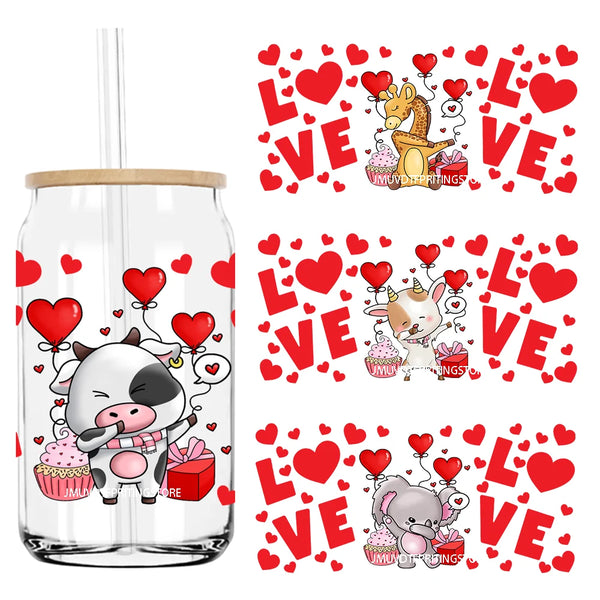 Valentine's Day Animals Love Heart 16OZ UV DTF Cup Wrap Transfer Stickers Custom Labels DIY Waterproof Logo For Libbey Glass Can