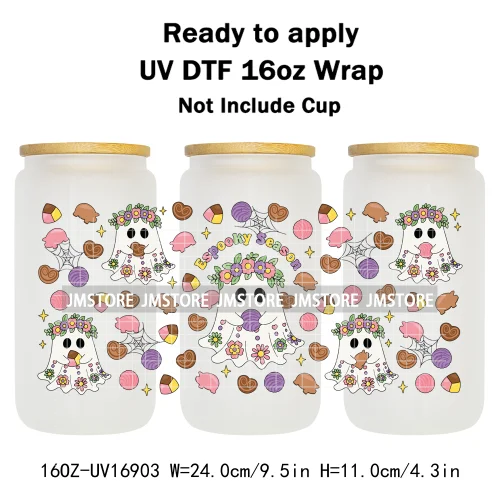Spooky Season Halloween Pumpkin Ghost Witch Dogs UV DTF Wraps Transfer Sticker Selfadhesive Waterproof For 16OZ Libbey Glass Can