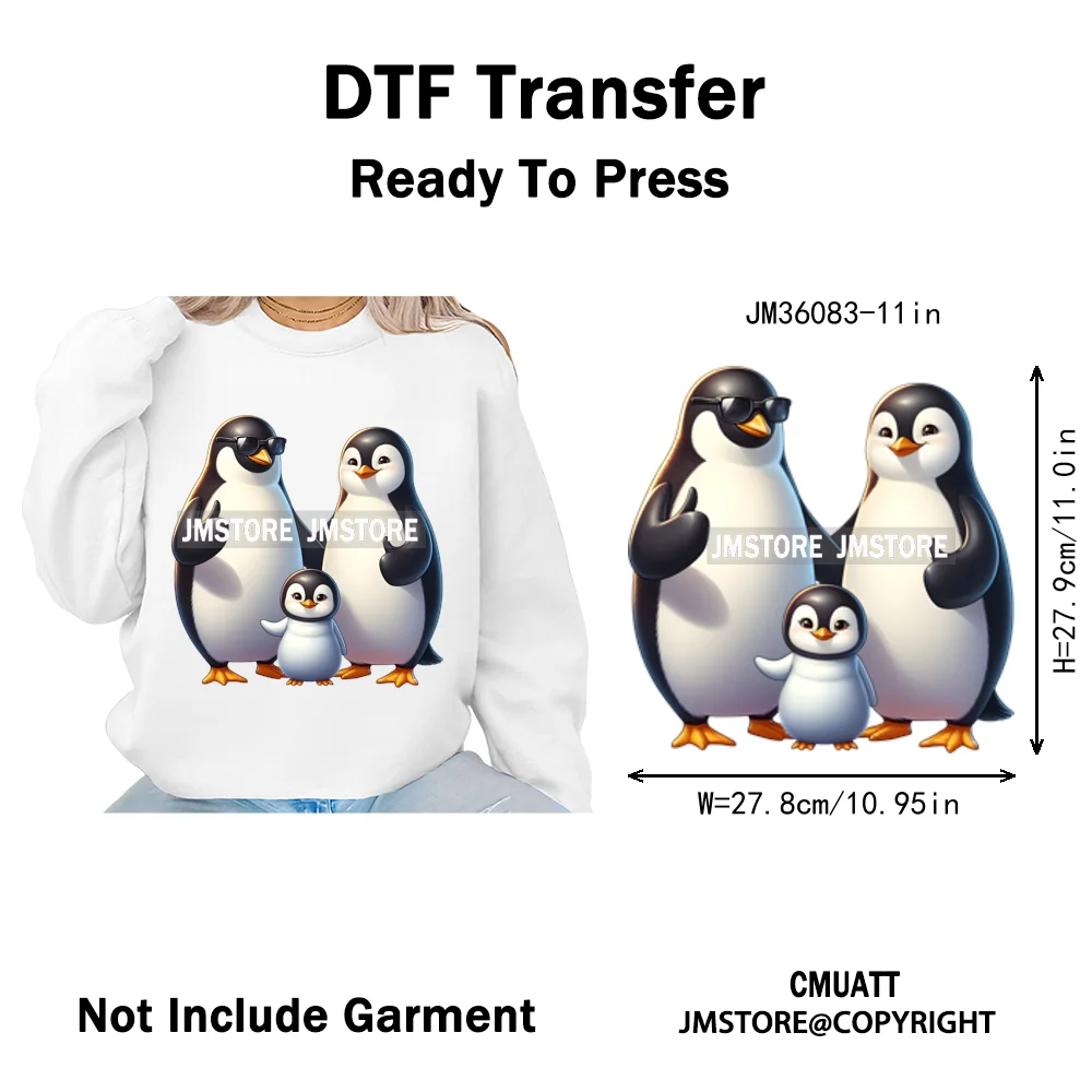 Cute Animal Penguins Coquette Hat Family Mom Father Baby Lovers Iron on DTF Heat Transfer Stickers Ready to Press for Hoodies