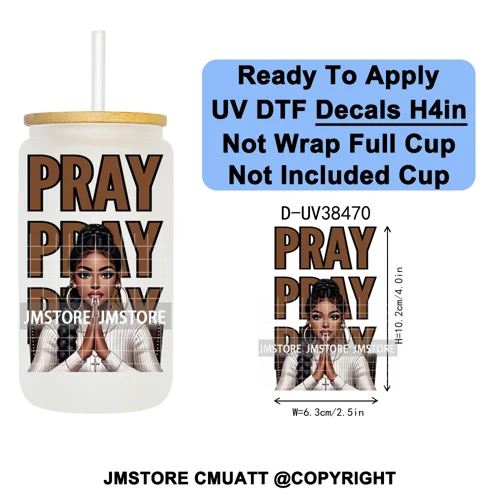 Black Girl Praying Faith Religious Women UV DTF Transfer Stickers Decals Ready To Apply Waterproof For 16OZ Libbey Glass Can Cup