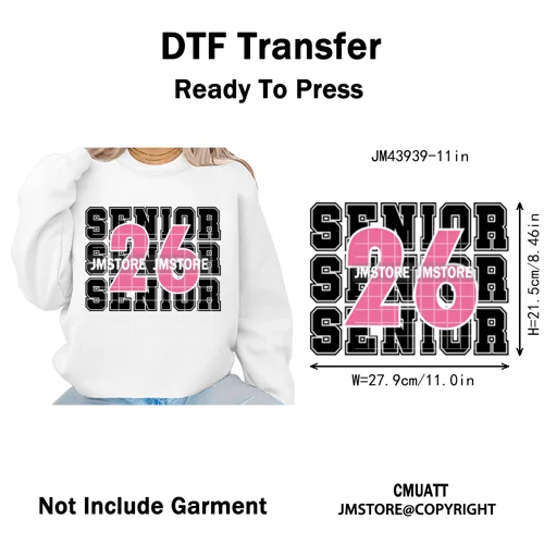 College Mega Senior 2K26 Coquette Class of 2026 Iron on Washable DTF Heat Transfers Stickers Ready to Press for Textiles Bags