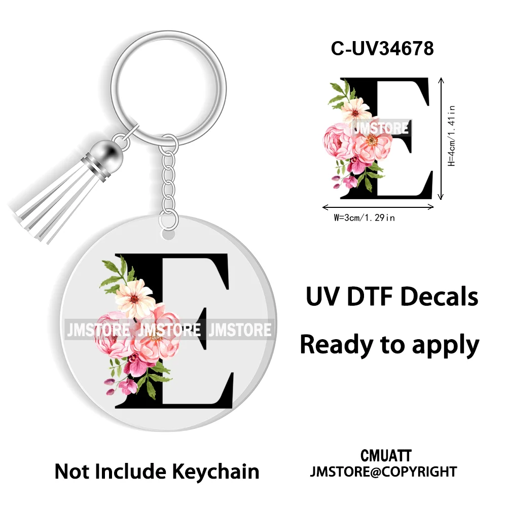 Floral Whole Entire Alphabet Flowers Black Letters Monogram WaterProof UV DTF Stickers For Round Circle Acrylic Keychain Keyring