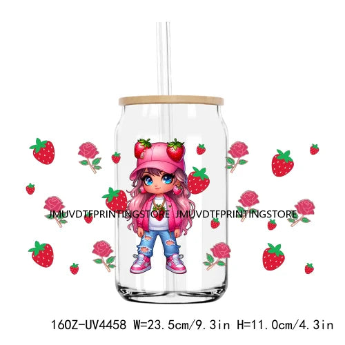 Cartoon Strawberry Girl 16OZ UV DTF Cup Wrap Transfers Stickers Mexican Custom Labels DIY Waterproof Logo For Libbey Glass Can