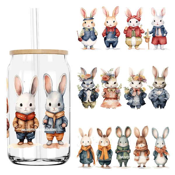 Cute Easter Bunny Rabbit With Flower 16OZ UV DTF Cup Wrap Transfer Sticker Custom Label DIY Waterproof Logo For Libbey Glass Can