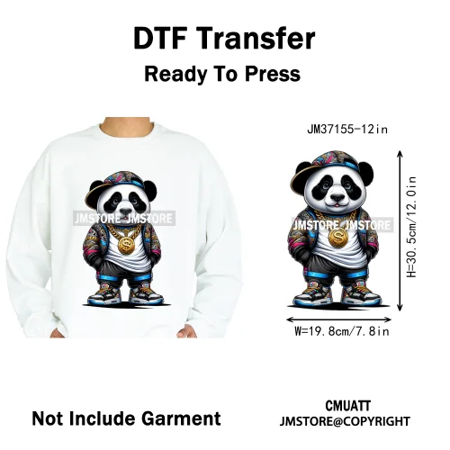12in Colorful Gangster Urban Hip Hop Music Panda Dog Animal Lover Iron on DTF Heat Transfer Stickers Ready to Press for Clothing