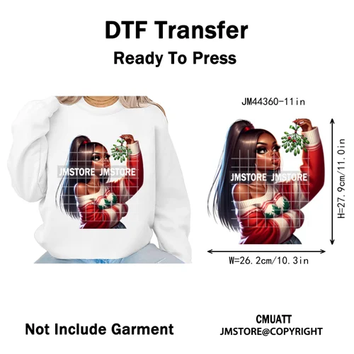 Funny Xmas Afro Glam Girly Gifts Holly Christmas Light Iron on Washable DTF Heat Transfers Stickers Ready to Press for Clothes