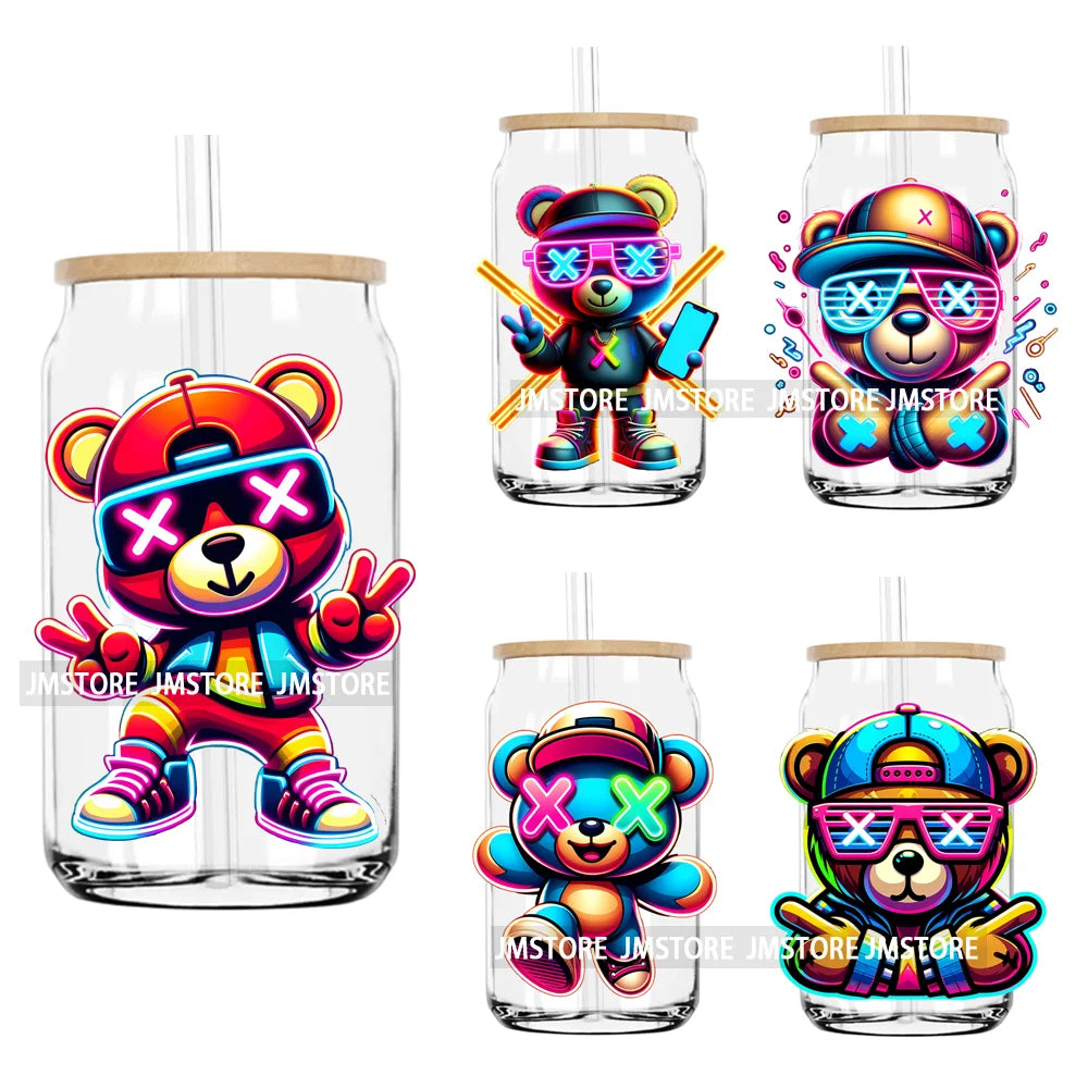 Colorful Neon Teddy Bear Urban Style UV DTF Transfers Stickers Decals For Libbey Cold Cups Mugs Tumbler Waterproof DIY Craft