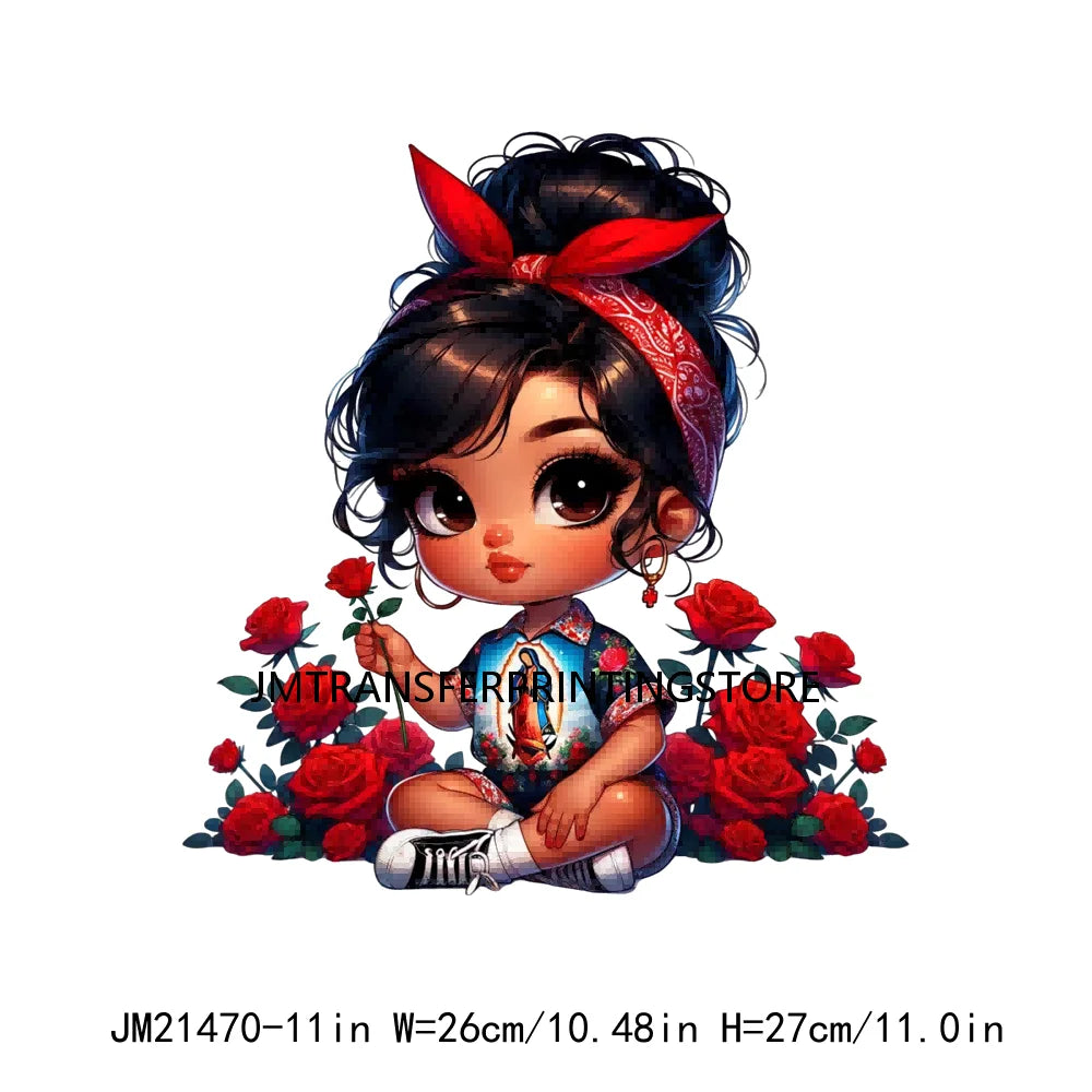 New Chibi Chicana Lovely Bow Rose Baby Girls Latina Princess Iron On DTF Heat Transfer Stickers Ready To Press For Clothing