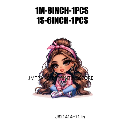 Pink Bow Long Hair Chibi Cute Chicana Doll Girls With Earing Washable Iron On DTF Transfers Stickers Designs For Sweatshirt