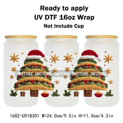 Faux Yarn Christmas Reindeer UV DTF Cup Wrap Ready To Apply Transfer Stickers Durable 16OZ Tumbler Wraps For Libbey Glass Can