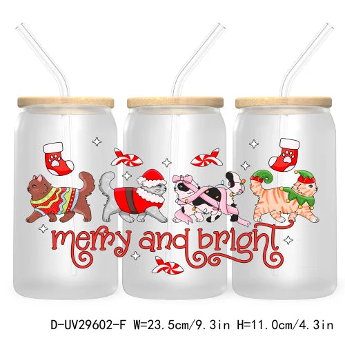 Merry And Bright Santa Baby New Year 16OZ UV Cup Wrap DTF Transfer Stickers For Libbey Glass Cups Tumbler Family Christmas Mommy