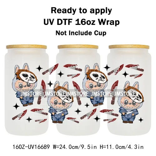 Laboo Cartoon Horror Halloween Characters 16OZ UV DTF Cup Wraps Ready To Apply Waterproof Transfer Stickers For Libbey Glass Can