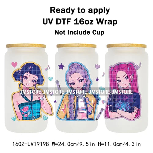 Demon Hunters Inspired Kpop Girls Bands UV DTF Transfer Sticker Durable Cup Tumbler Wrap For 16OZ Libbey Glass Wraps Bottle Mug