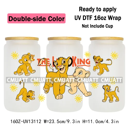 Double Side Color Cartoon Lion UV DTF Cup Wrap Transfer Stickers For 16oz Libbey Glass Beer Selfadhesive Waterproof Adhesive