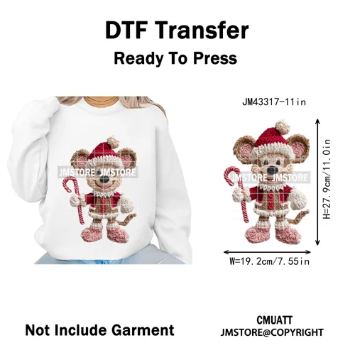 Faux Yarn Very Merry Christmas Mouse Friends Cartoon Santa Iron on Washable DTF Transfers Stickers Ready to Press for Clothing