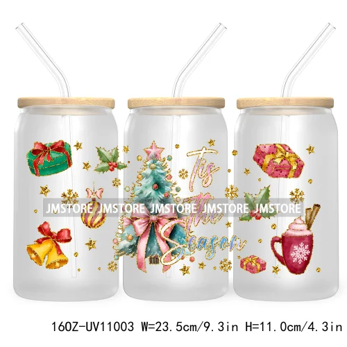 Coquette Glitter Holly Jolly Christmas Tree UV DTF Cup Wrap For Libbey Glass Can Transfer Stickers Waterproof Custom Labels Gift