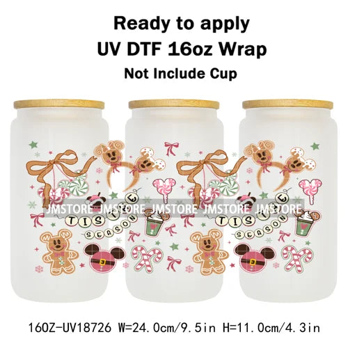 Coquette Bow Cartoon Christmas Green Guy UV DTF Cup Wrap Ready To Apply Transfer Stickers Waterproof For 16OZ Libbey Glass Can