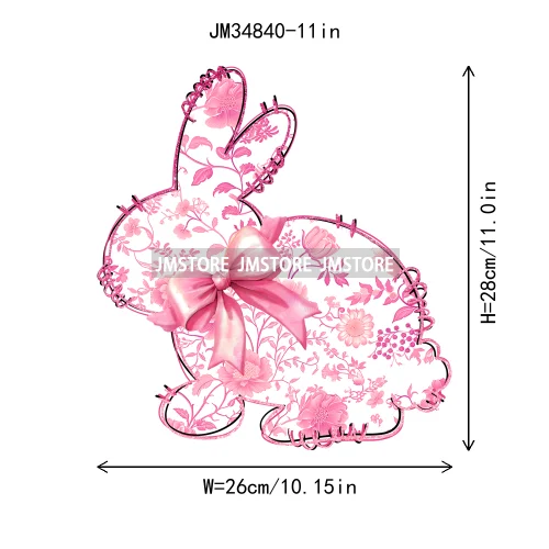 Floral Pink Toile Chinoiserie Coquette Bunny Spring Easter Iron On DTF Heat Transfers Stickers Ready To Press For T-shirts Bags