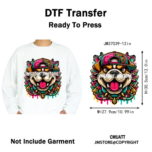 12in Streetwear Vibes Rich Cool Cartoon Bulldog King Designs Washable Iron on DTF Transfers Stickers Ready to Press for Clothes