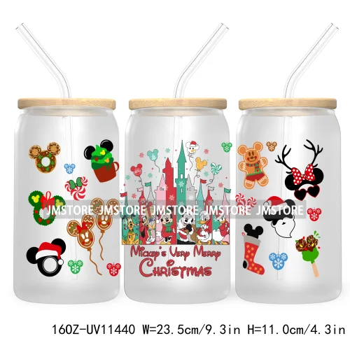 Merry Christmas Cartoon Couple 16OZ UV DTF Cup Wrap Ready To Apply For Libbey Glass Can Cup Tumbler Gingerbread Candy Cane Mouse