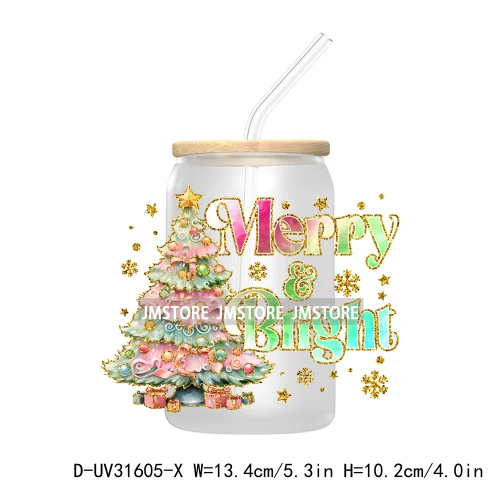 Merry Bright Coquette Bow Glitter Christmas Tree Girly UV DTF Transfer Stickers Decals For Libbey Cold Cup Mug Tumbler Durable