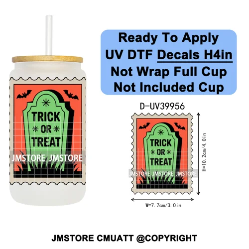 Halloween Stamps Trick Or Treat UV DTF Decals Ready To Apply Waterproof Transfer Stickers DIY Crafts For 16OZ Libbey Glass Can