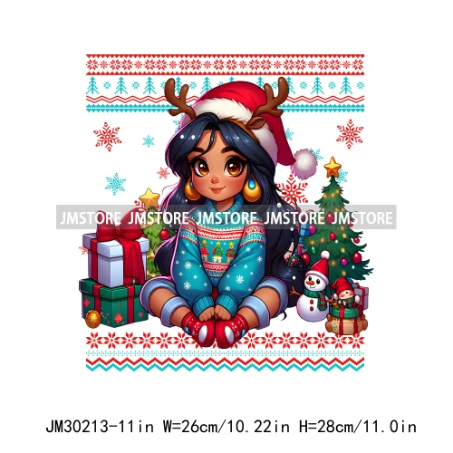 Cute Princess Red Ugly Sweater Cartoon Girls Friends Merry Christmas Iron On DTF Transfers Stickers Ready To Press For Clothing