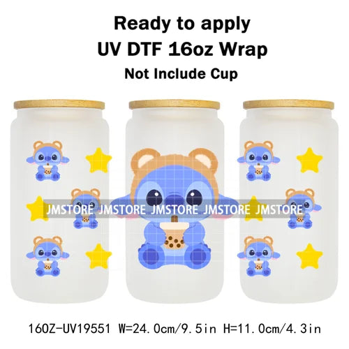 Watercolor Cartoon Character In Costumes UV DTF Wraps Ready To Apply Transfer Stickers Waterproof For 16OZ Libbey Glass Can Mugs