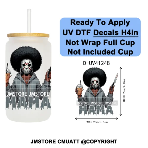 Black Girl Horror Characters Halloween Coffee UV DTF Transfer Sticker Decals Ready To Apply Waterproof For 16OZ Libbey Glass Can