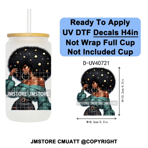 Big Hair Fashionable Black Girl UV DTF Decals Ready To Apply Waterproof Transfer Stickers DIY Crafts For 16OZ Libbey Glass Can
