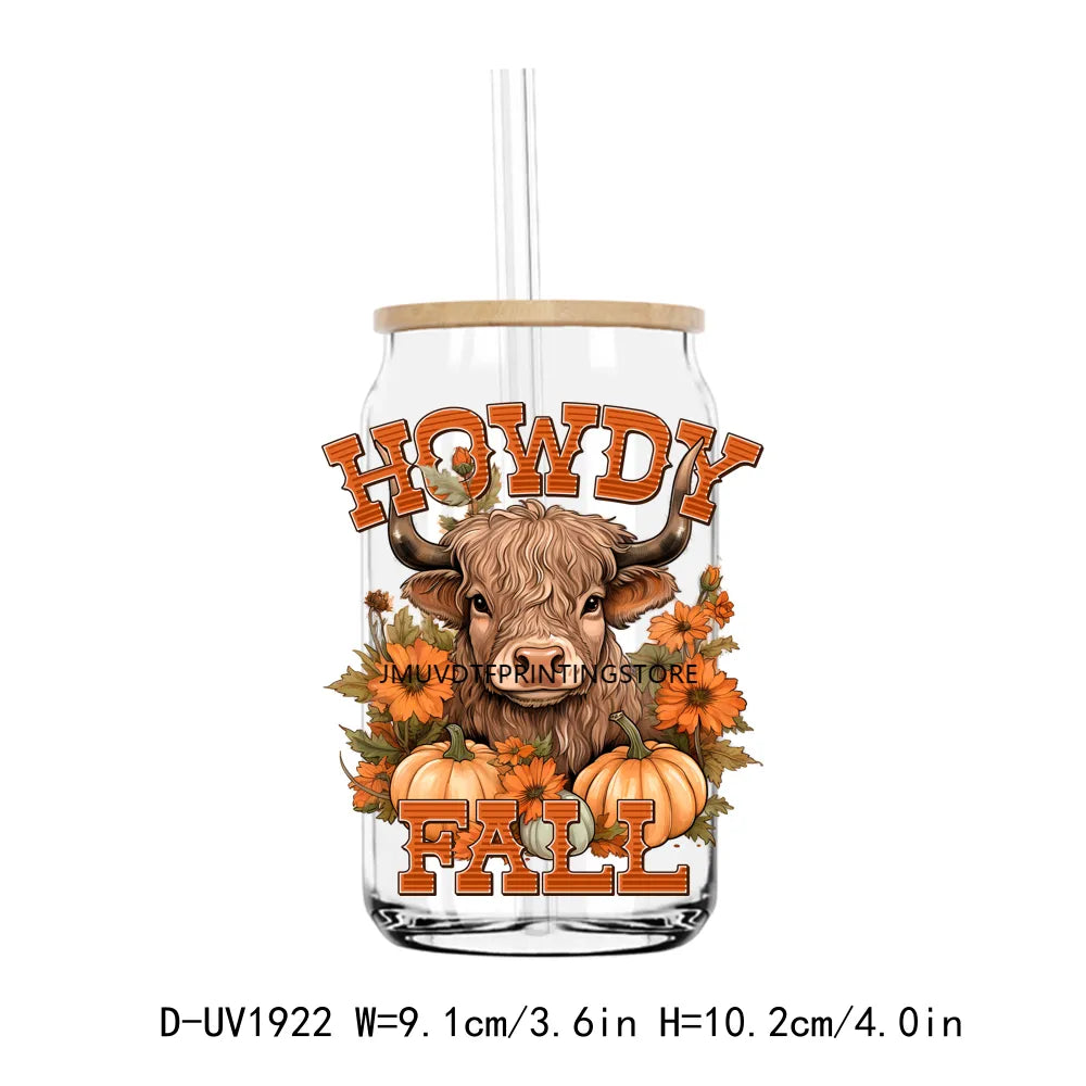 Howdy Fall Highland Cow Pumpkin UV DTF Transfers Stickers Decals For Libbey Cold Cups Mugs Tumbler Waterproof DIY Craft