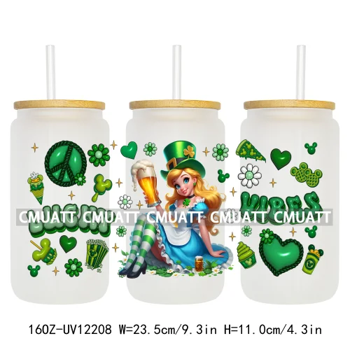 Cartoon Princess Girls St Patricks' Day Lucky Vibes 16OZ UV DTF Cup Transfer Wrap Sticker Waterproof Logos For Libbey Glass Can