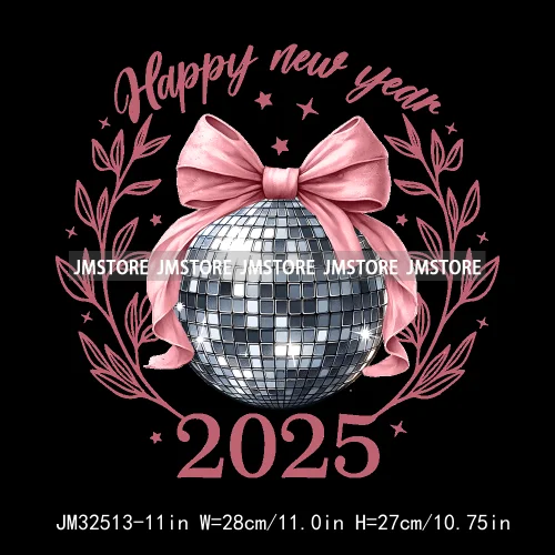 Pink Cheer New Year Eve 2025 Disco Ball Coquette Bow Christmas Party Iron On DTF Transfer ticker Ready To Press For Sweatshirt