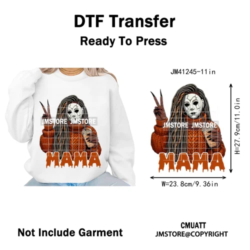 Coffee Lover Afro Mama Spooky Halloween Killer Cartoon Women Iron on Washable DTF Transfers Stickers Ready to Press for Hoodies