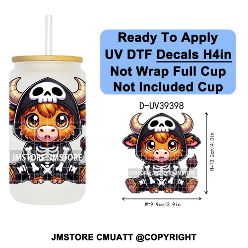 Highland Cow Horror Character Coquette Pumpkin UV DTF Decals Ready To Apply Durable Transfer Stickers For 16OZ Libbey Glass Can