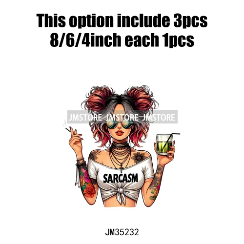 Cool Sarcasm Edgy Tattoo Idgaf Girl Iced Coffee Rebellious Women Iron on DTF Transfers Stickers Ready to Press for Clothing Bags