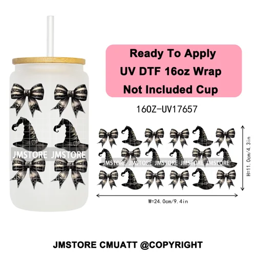 Halloween Fall Autumn Pumpkins Coquette Leopard Bow UV DTF Cup Wrap 16OZ Ready To Apply Transfer Stickers For Libbey Glass Can