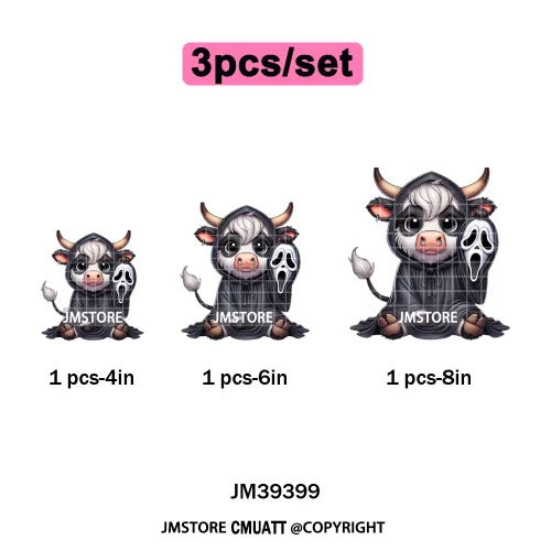Horror Spooky Cartoon Baby Highland Cow Halloween Vibes Animal Iron on DTF Washable Transfers Sticker Ready to Press for Hoodies