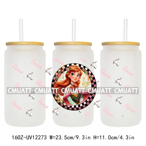 Colorful Round Cartoon Princess Girls 16OZ UV DTF Cup Transfer Wrap Transfer Stickers Waterproof DIY Logos For Libbey Glass Can