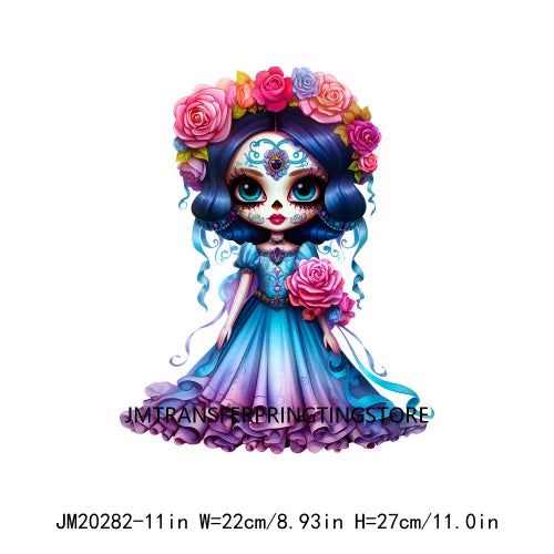 Cute Doll La Catrina Day Of The Dead Sugar Skull Mexican Halloween Iron On DTF Transfer Stickers Ready To Press For Hoodies Bags