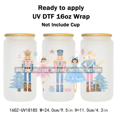 Faux Glitter Preppy Nutcracker Christmas UV DTF Cup Wrap Ready To Apply Transfer Sticker 16OZ Tumbler Wraps For Libbey Glass Can