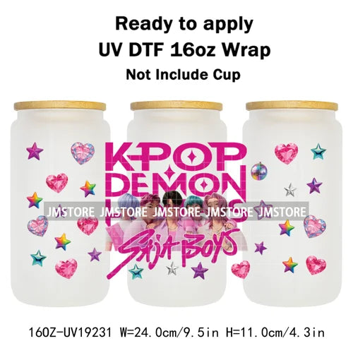 Kpop Saja Boys Bands Demon Hunter UV DTF Wraps Transfer Sticker Selfadhesive Waterproof High Quality For 16OZ Libbey Glass Can