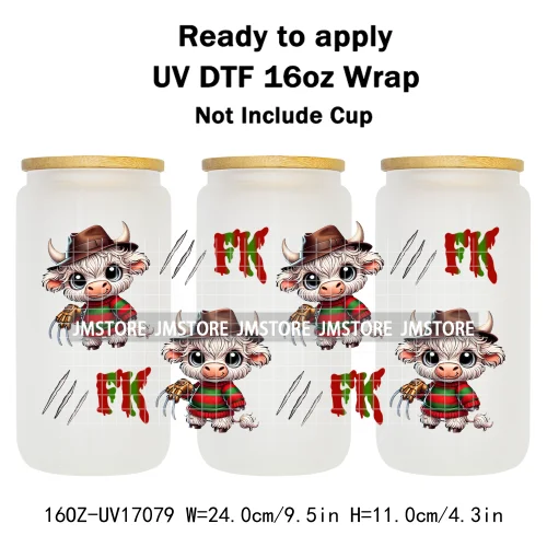 Highland Cow Horror Killer Halloween UV DTF Stickers Ready To Apply Cup Wrap Custom Labels DIY Craft For 16OZ Libbey Can Glass