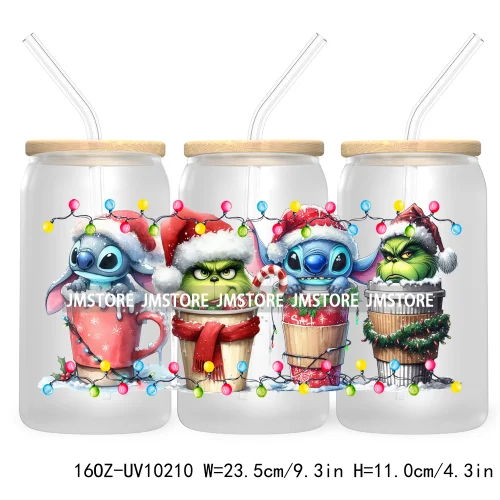 Christmas Lights Cartoon Coffee Cups 16OZ UV DTF Cup Wrap Transfer Stickers Custom Labels Waterproof Logo For Libbey Glass Can