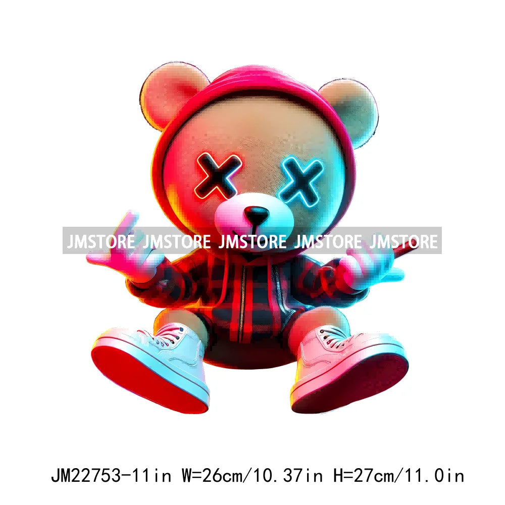 Cool Neon Colorful Hip Hop Streetwear Urban Teddy Bear Iron On DTF Transfers Stickers Ready To Press For Clothing Bags