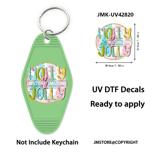 Holly Jolly Christmas Patchwork Santa UV DTF Motel Keychain Decal Ready To Ship Durable Transfer Stickers For Hotel Keychain